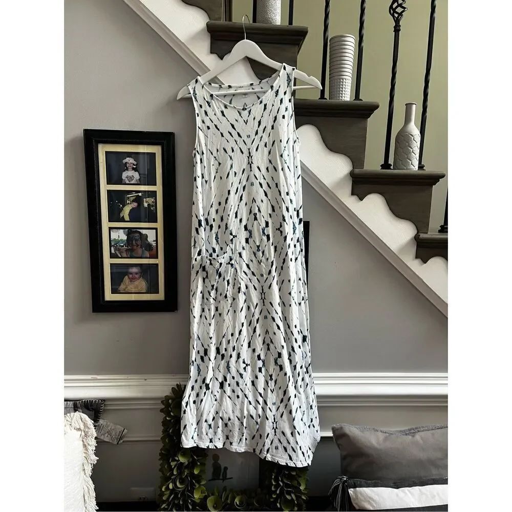 J. Jill White & Blue Tie Dye Speck Angled Hem Tank Maxi Dress sz XS EUC